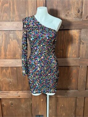 One-Shoulder Multicolor Sequin Party Dress